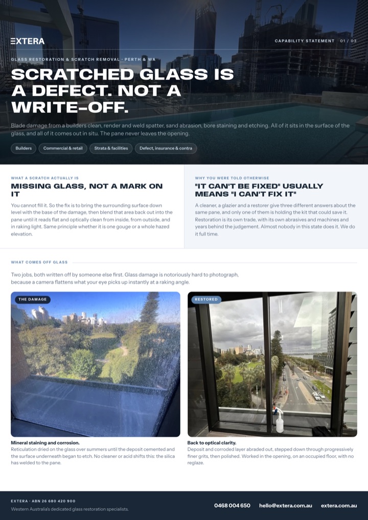 Cover page of the Extera glass restoration and scratch removal capability statement
