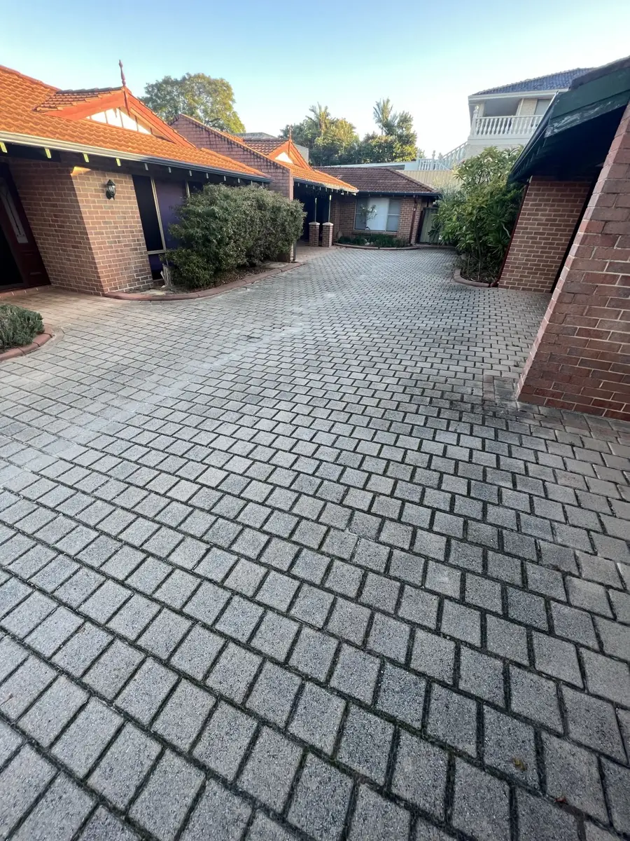 A grey, algae-stained brick paver driveway before cleaning