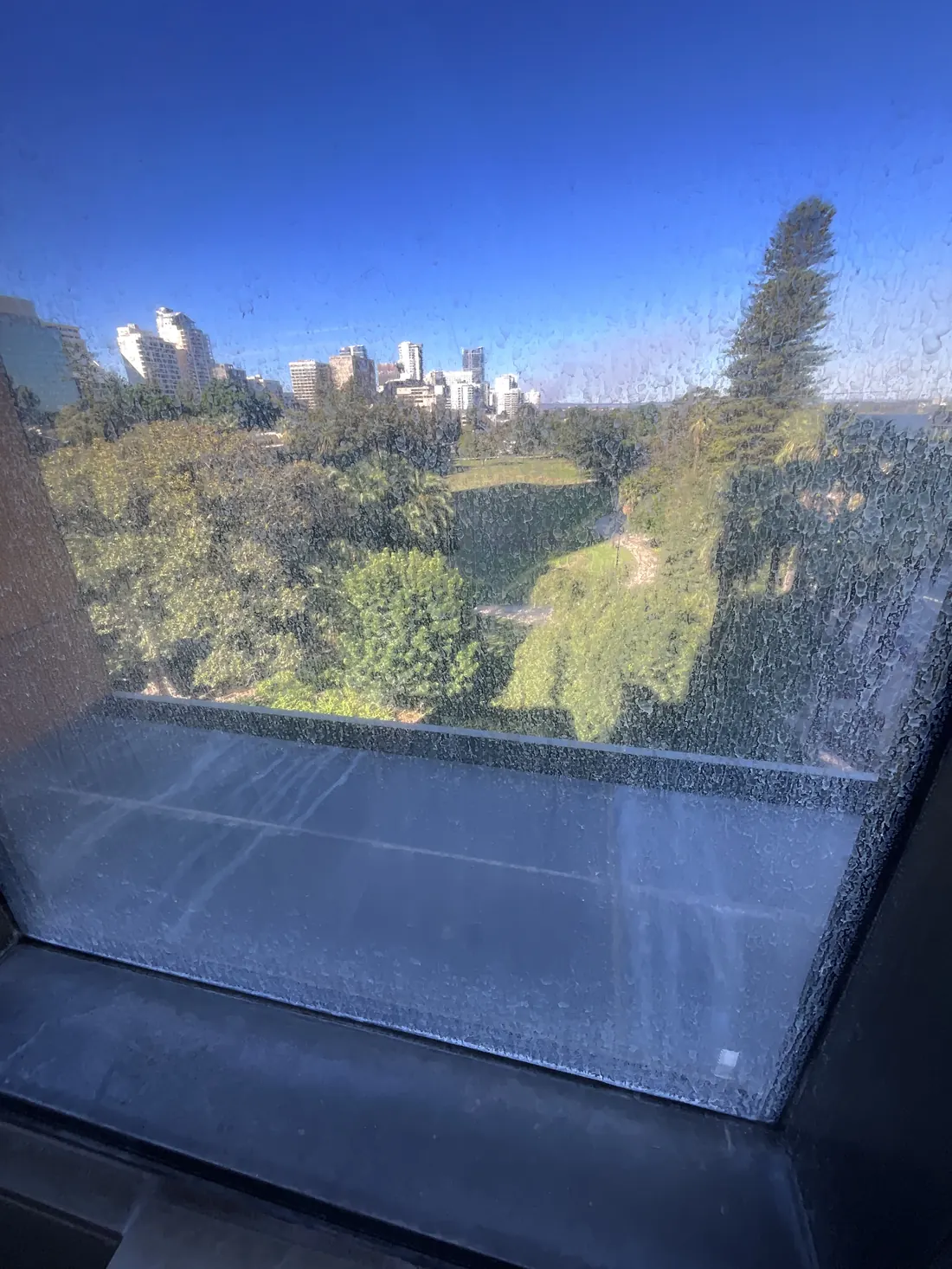 Severely corroded high-rise window, the park and city hazed out behind the mineral damage